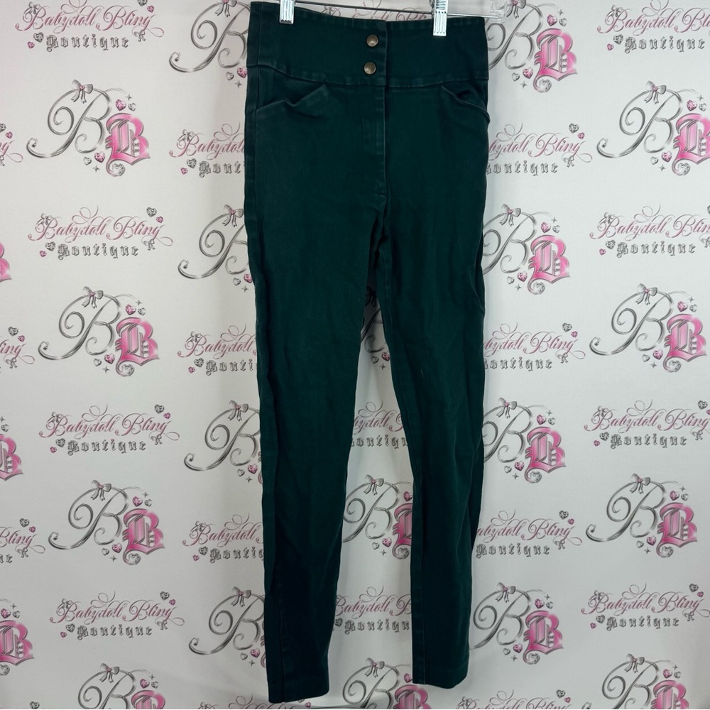 Melow pants dark deep green gold buttons High-Waisted Green Skinny Pants